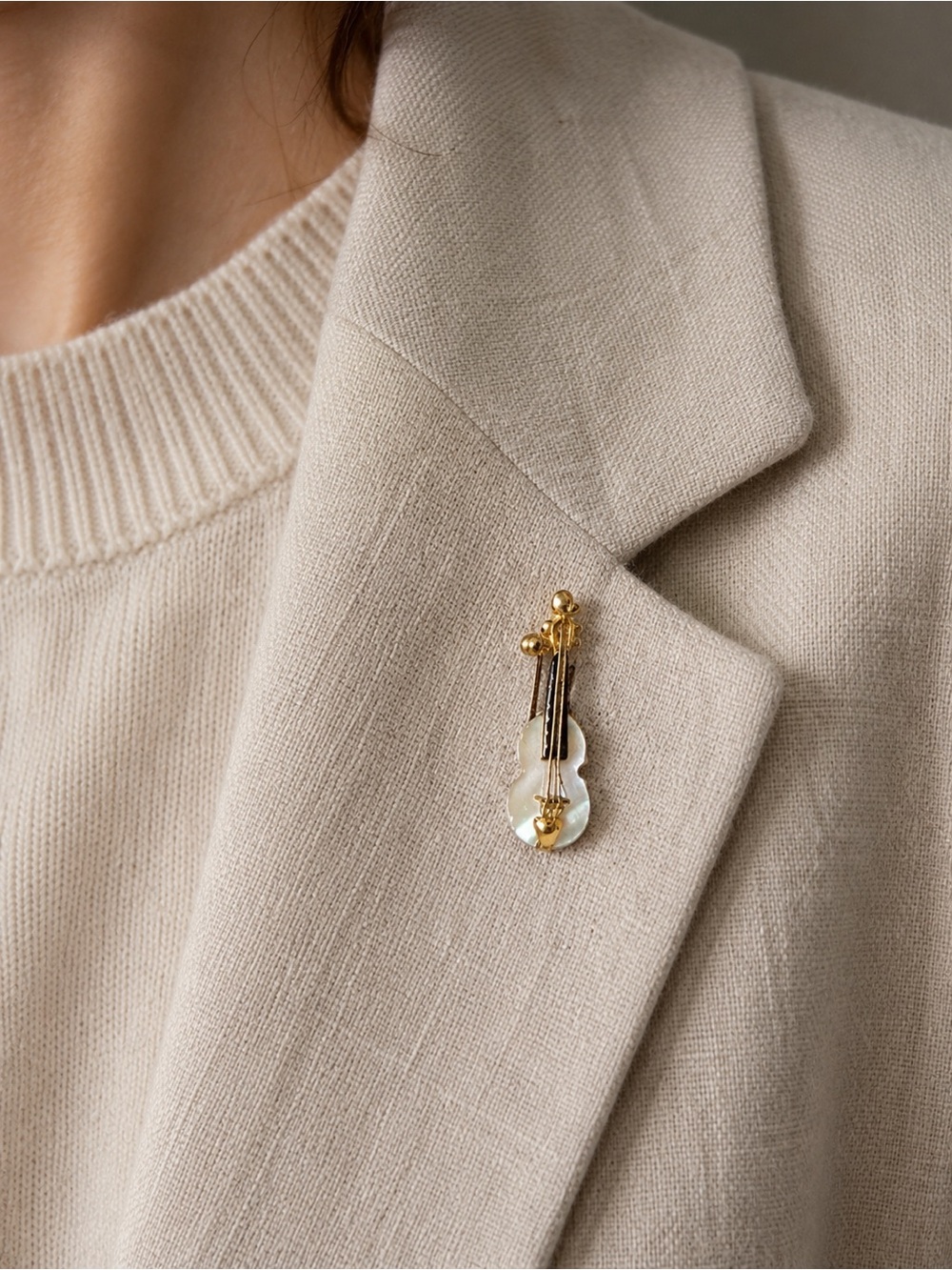 Vintage Gold and Mother-of-Pearl Violin Brooch - Jewelry